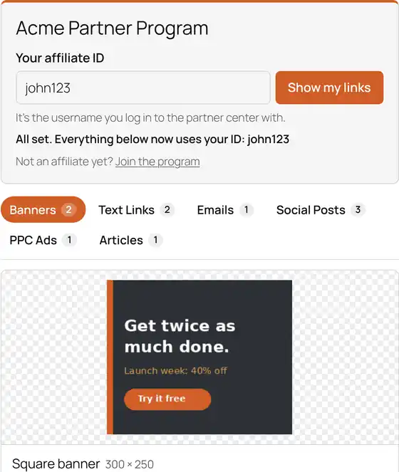 The WP Affiliate Tool Box tool page: an affiliate enters their ID and every banner, link and email fills in with their own affiliate link